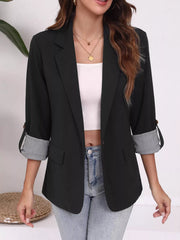 Lapel Collar Roll-Up Sleeve Blazer OutfitFlow