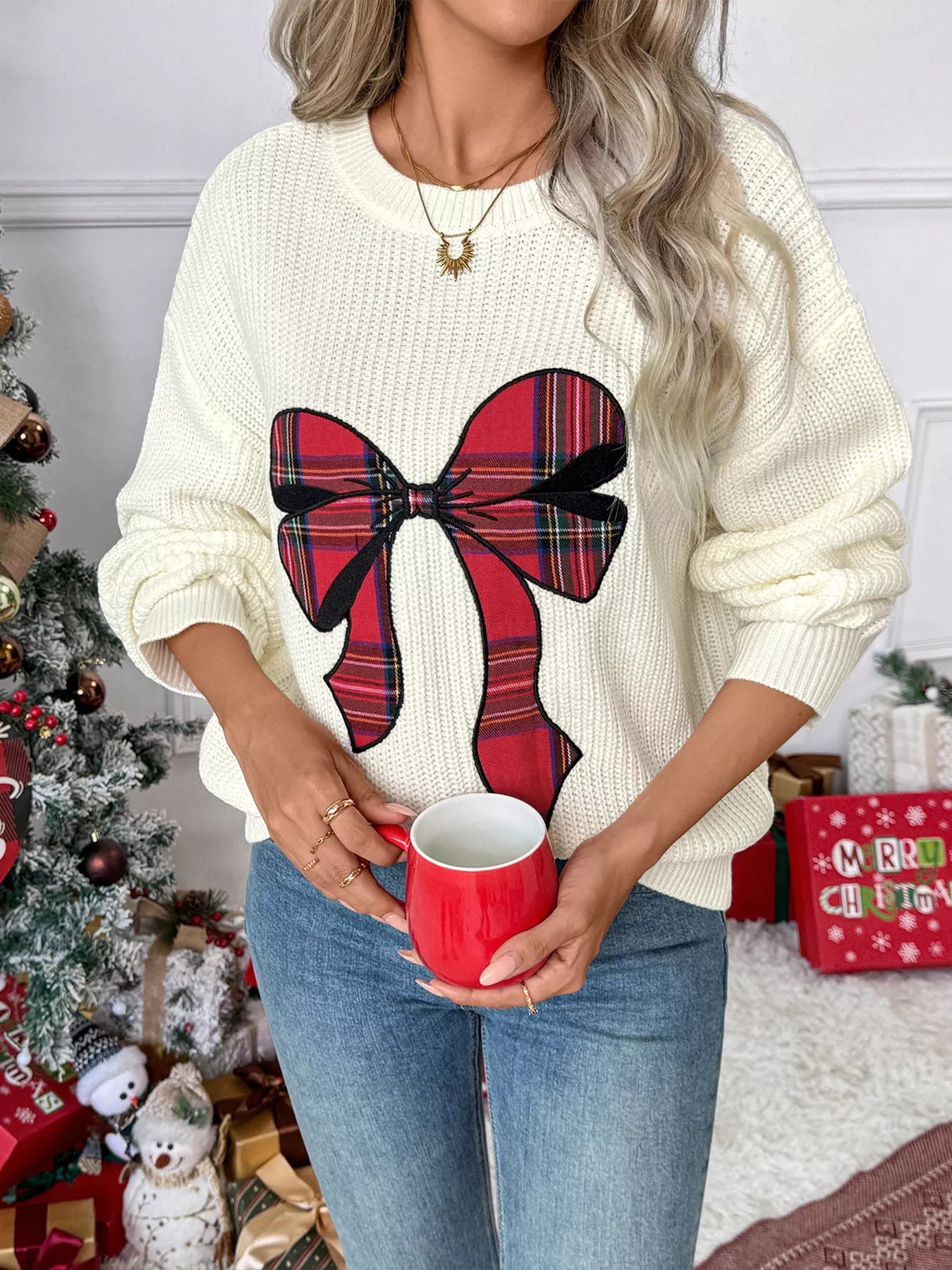 Christmas Bow Dropped Shoulder Sweater Trendsi