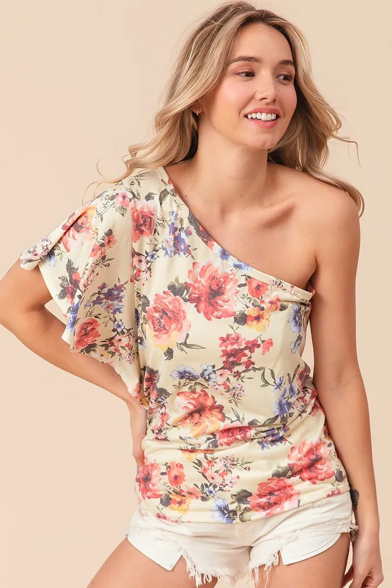 BiBi Floral Printed Jersey Knit Ruffle Sleeve Top OutfitFlow