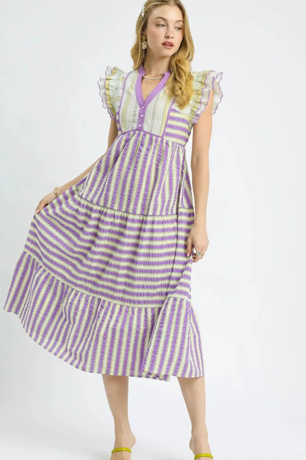 Umgee Striped Ruffle Cap Sleeve Midi Dress OutfitFlow