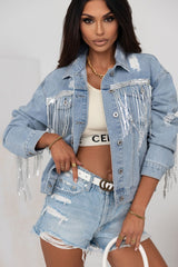 Outfit Flow - Sequin Fringe Trim Distressed Button Up Denim Jacket