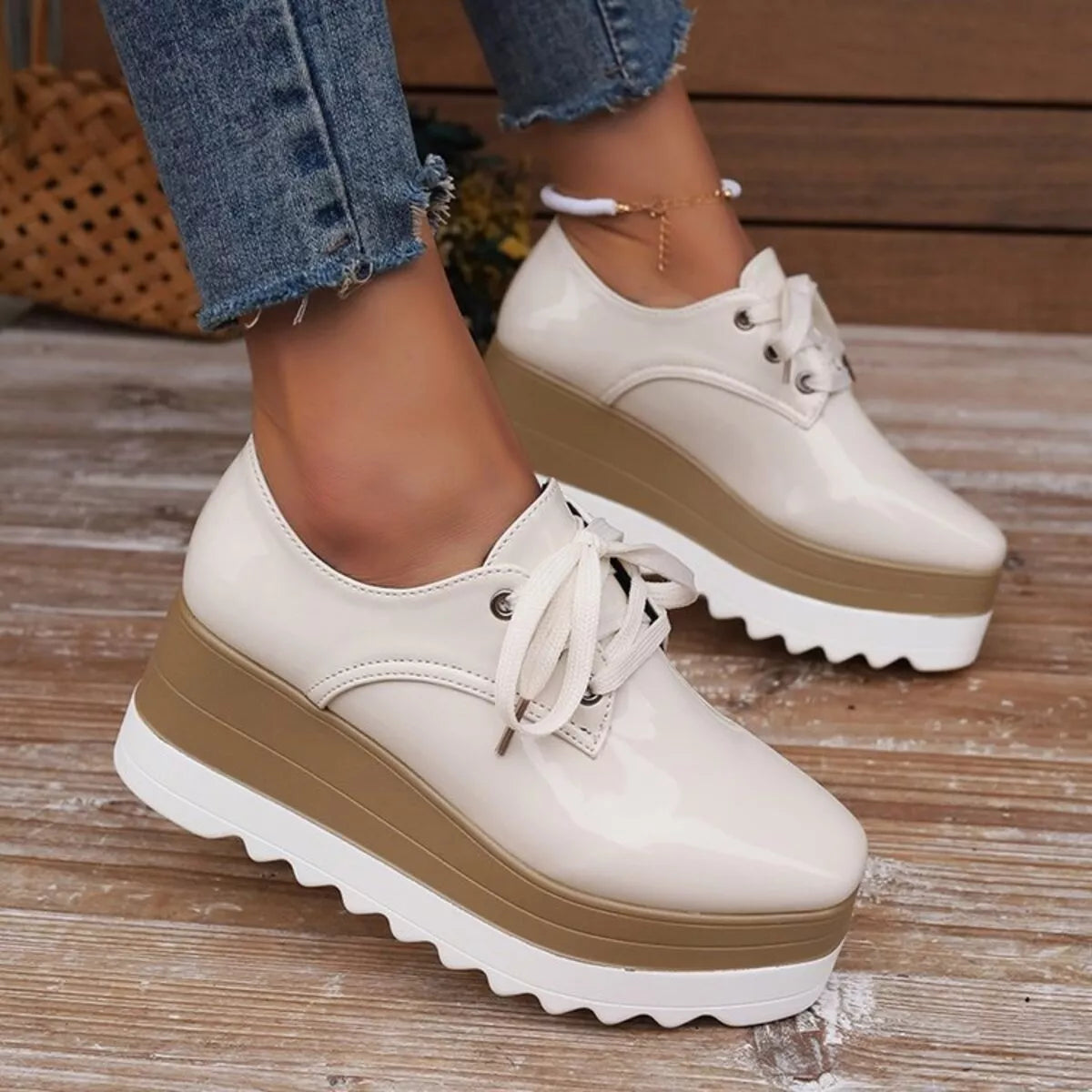 Lace Up Platform Sneakers Beige Trendsi