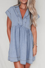 Lapel Neck Cap Sleeve Denim Babydoll Dress OutfitFlow