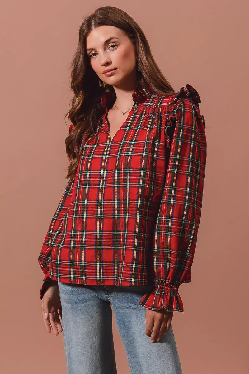 SO ME Christmas Checkered Plaid Smocked Blouse OutfitFlow