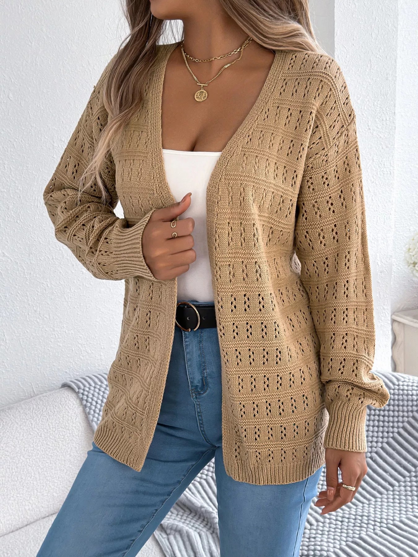 Open-Front Crochet Knit Cardigan OutfitFlow