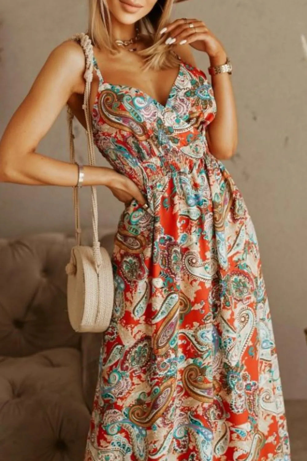 Printed Spaghetti Strap Maxi Dress Red + Blue OutfitFlow