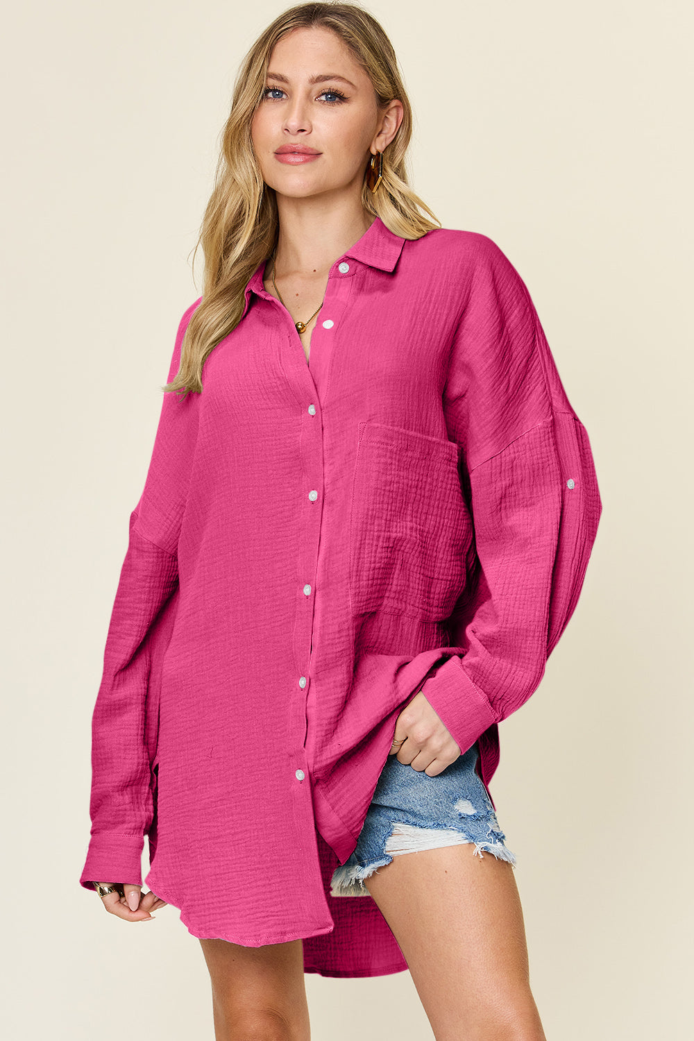 Double Take Full Size Pocketed Texture Button Up Shirt Hot Pink OutfitFlow