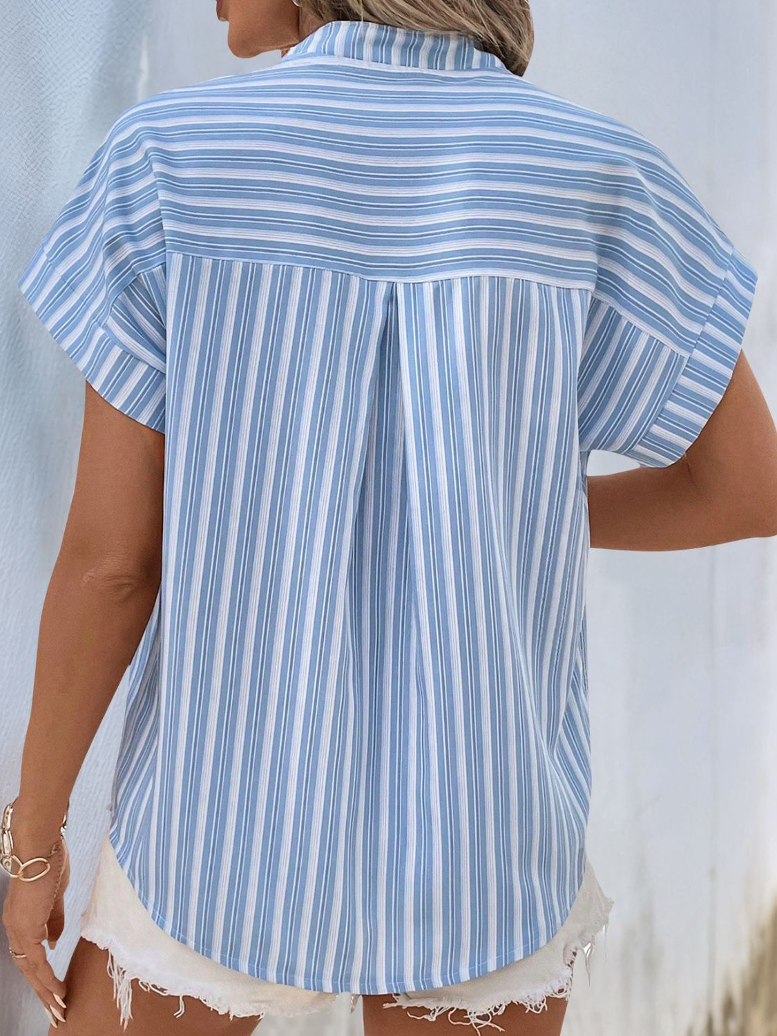 Perfee Half Button Striped Short Sleeve Blouse