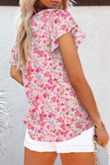 Flutter Sleeve Notched Floral Summer Blouse OutfitFlow