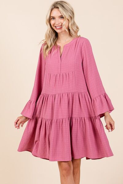 Mittoshop Tiered Notched Flare Sleeve Dress OutfitFlow