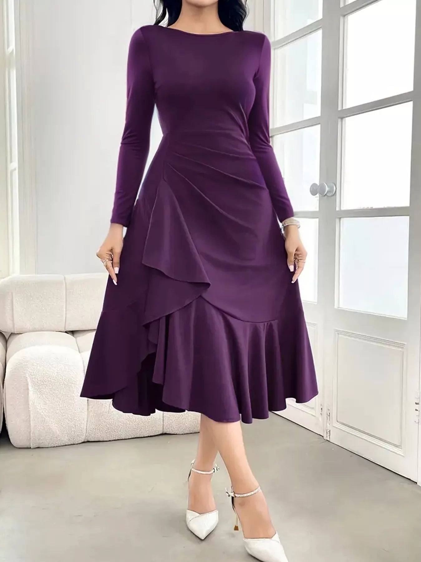 Ruffle Hem Long Sleeve Midi Dress OutfitFlow