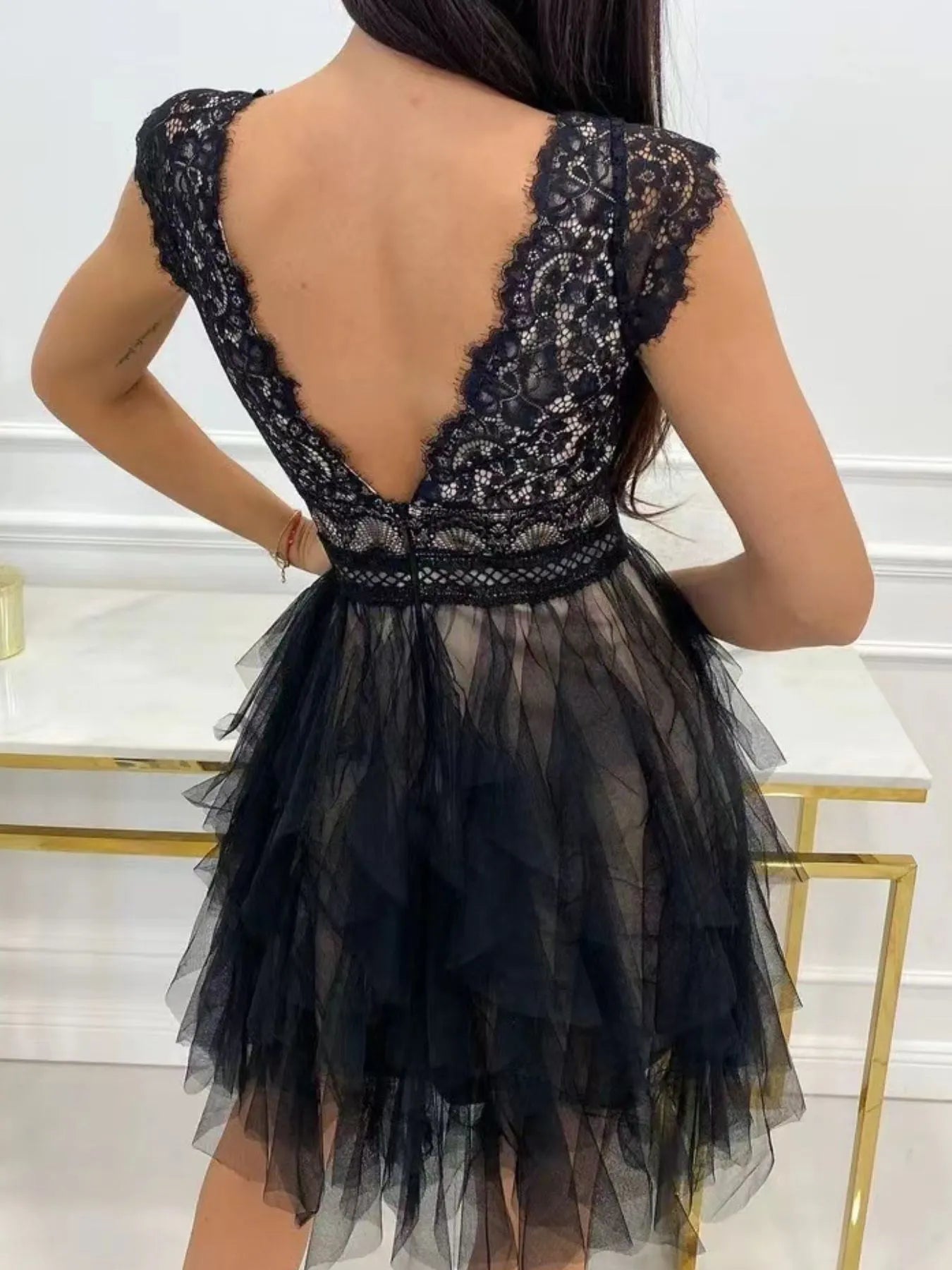 Lace V-Neck Ruffle Dress OutfitFlow