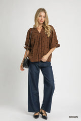 Umgee Corduroy Bow Print Balloon Sleeve Blouse Trendsi
