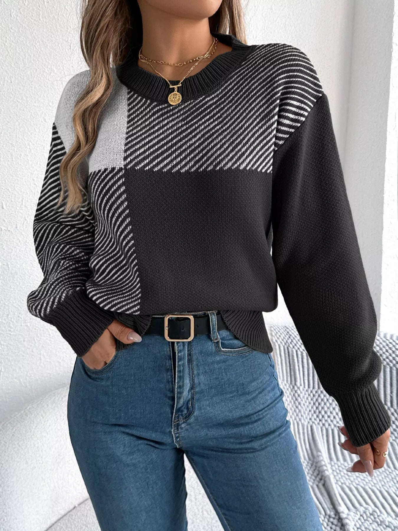 Color Block Striped Round Neck Sweater OutfitFlow