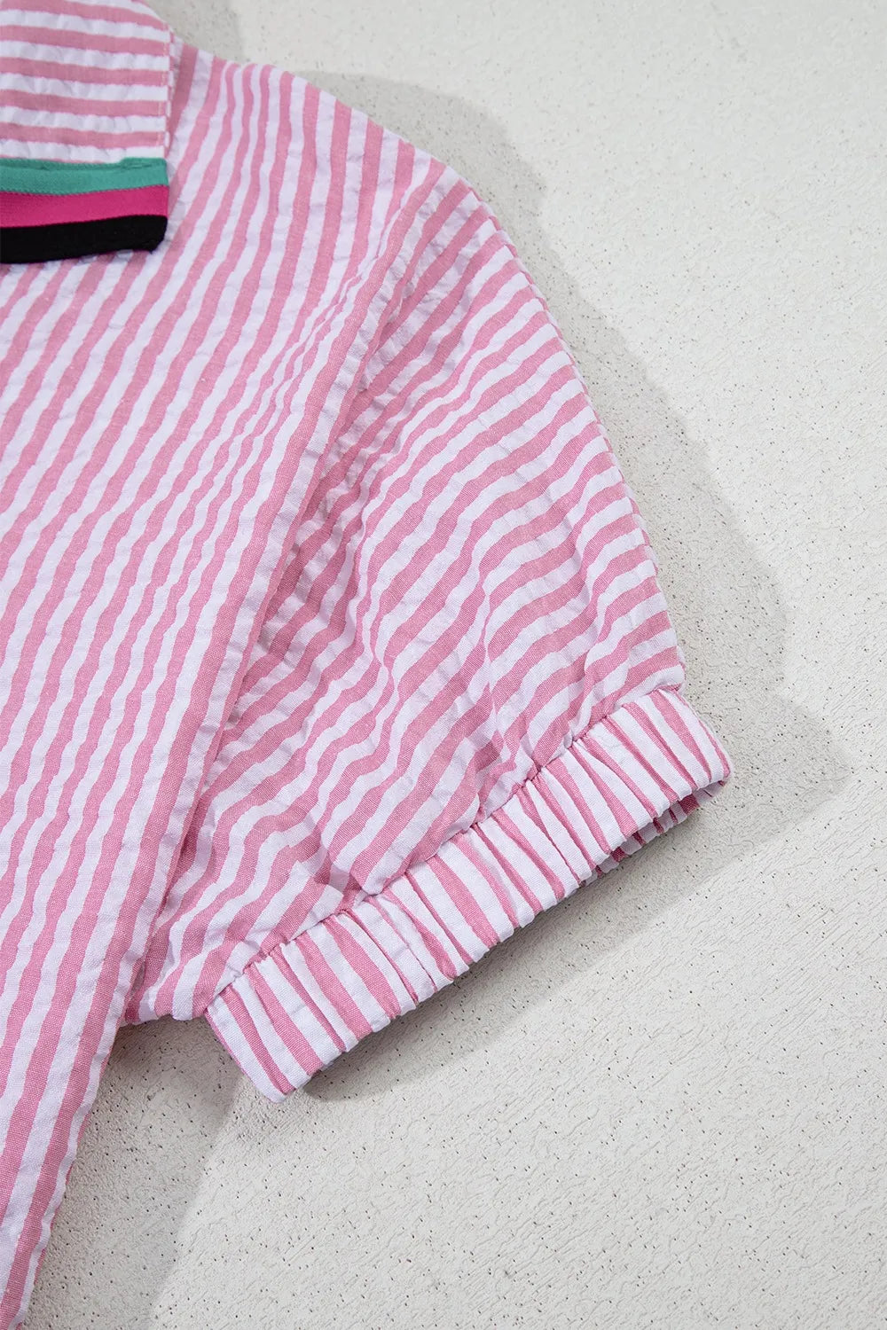 Striped Print Contrast Split Neck Dolman Sleeve Blouse OutfitFlow