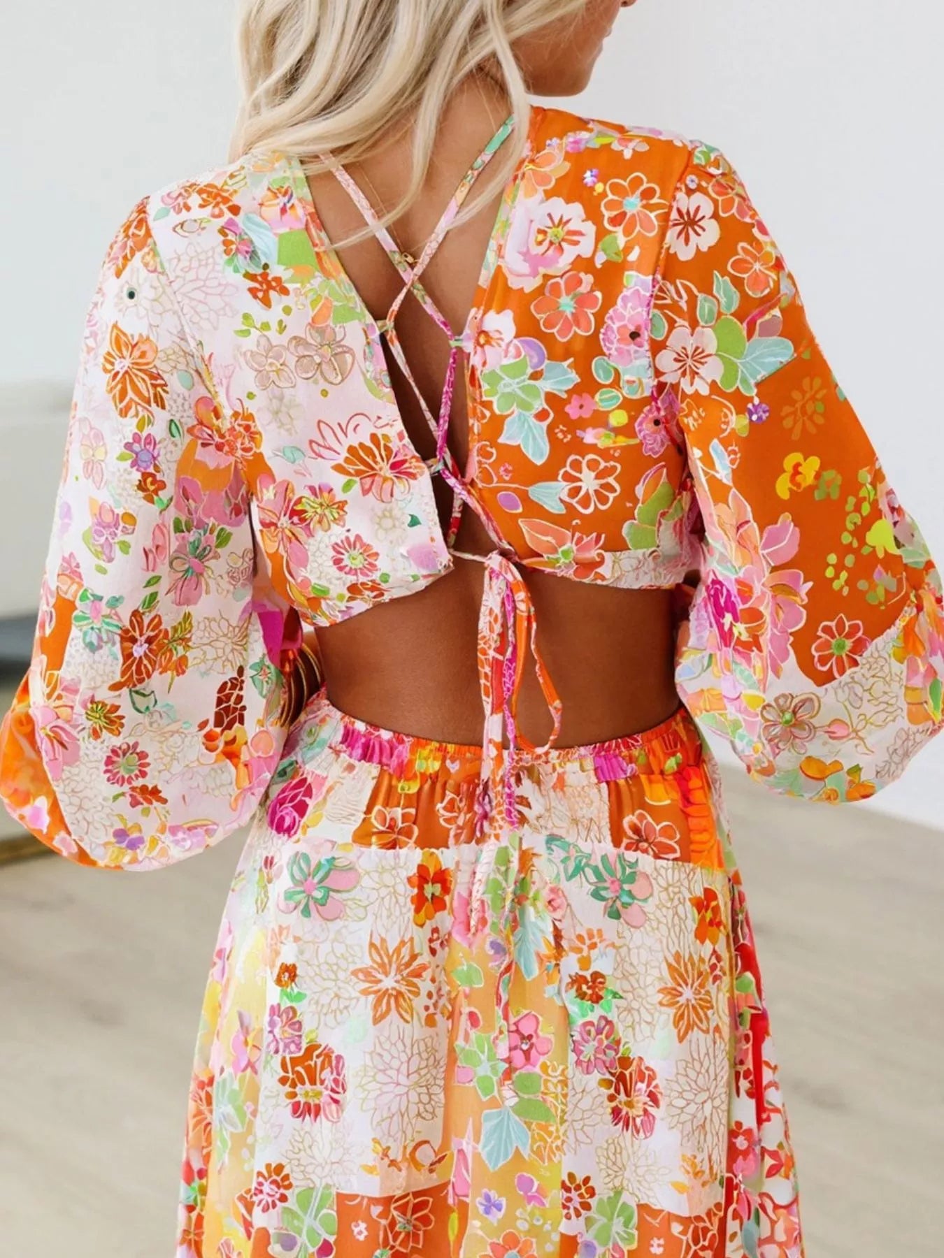 Vibrant Floral Long Sleeve Dress with Lace-Up Back Trendsi