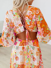 Vibrant Floral Long Sleeve Dress with Lace-Up Back Trendsi
