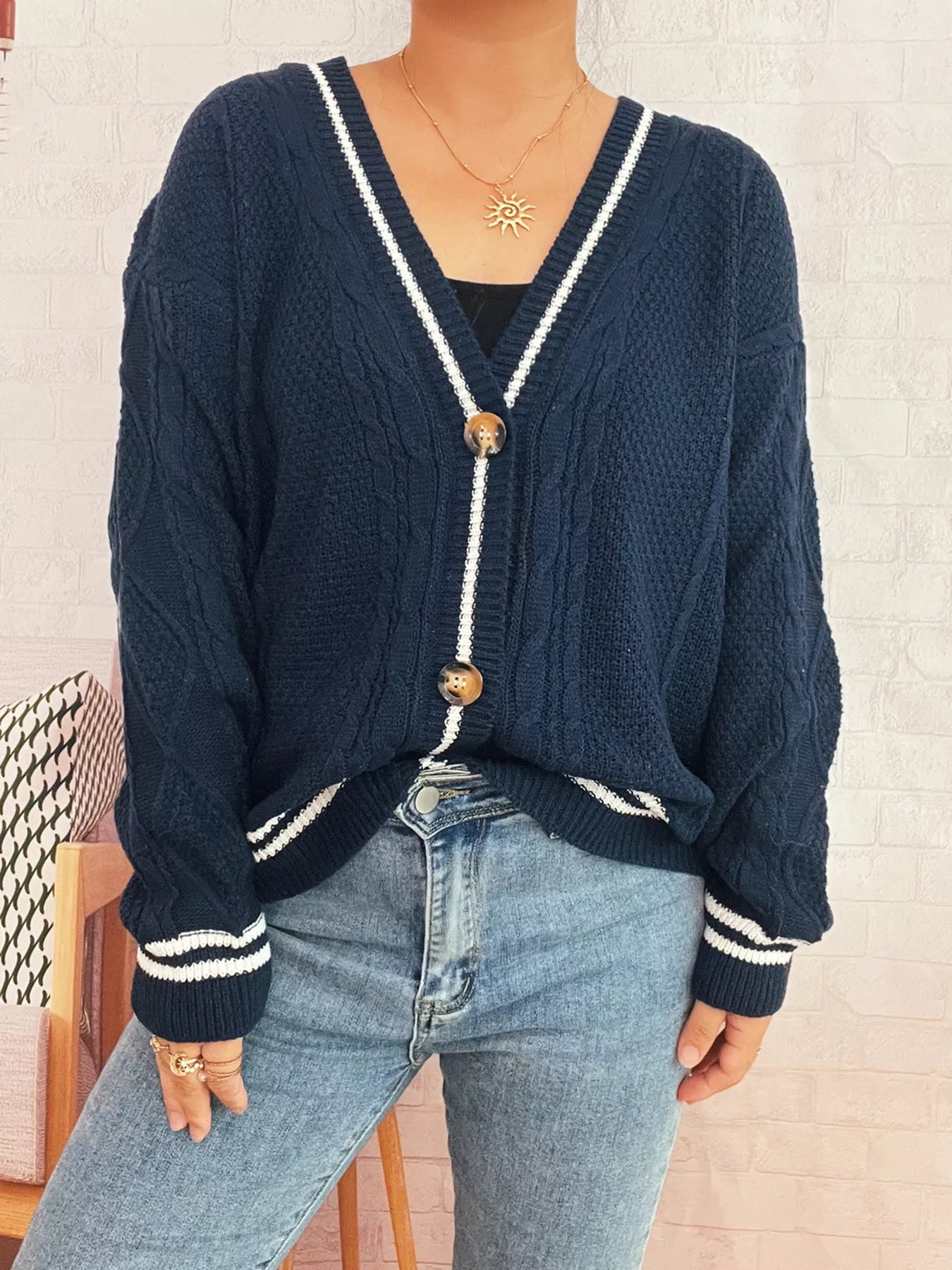 Star Pattern Button-Up Cardigan with Contrast Trim OutfitFlow