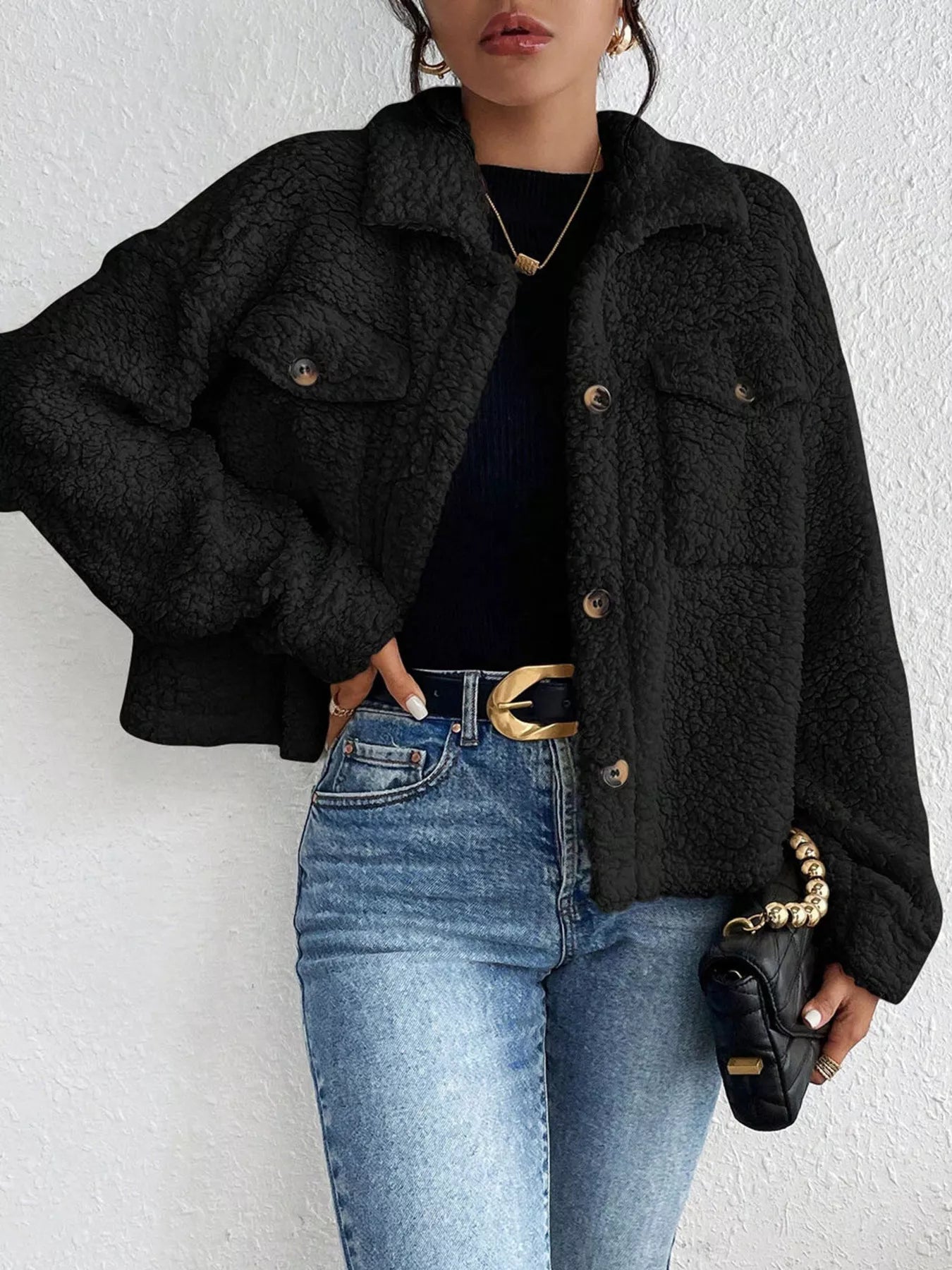 Cozy Sherpa Button-Down Jacket OutfitFlow