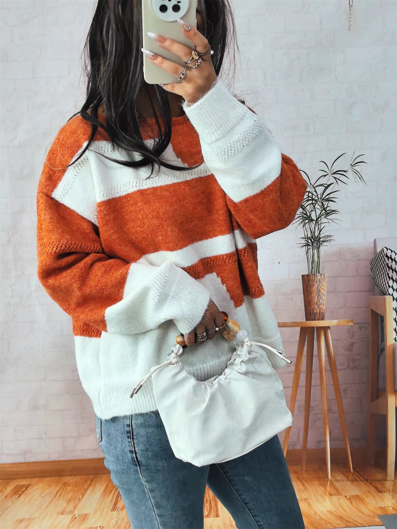 Color Block Round Neck Sweater Orange One Size OutfitFlow