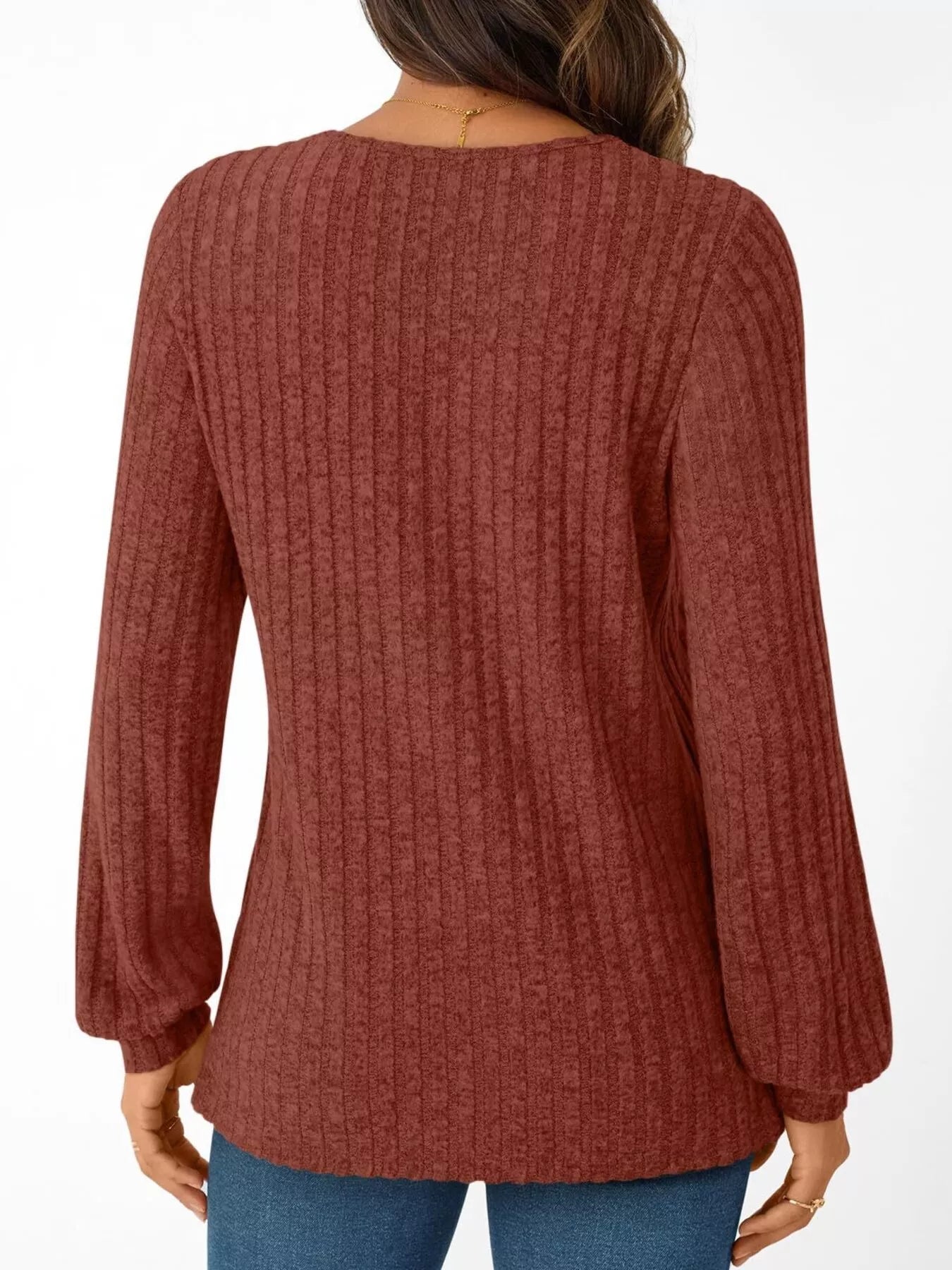 Ribbed Knit V-Neck Long Sleeve T-Shirt OutfitFlow