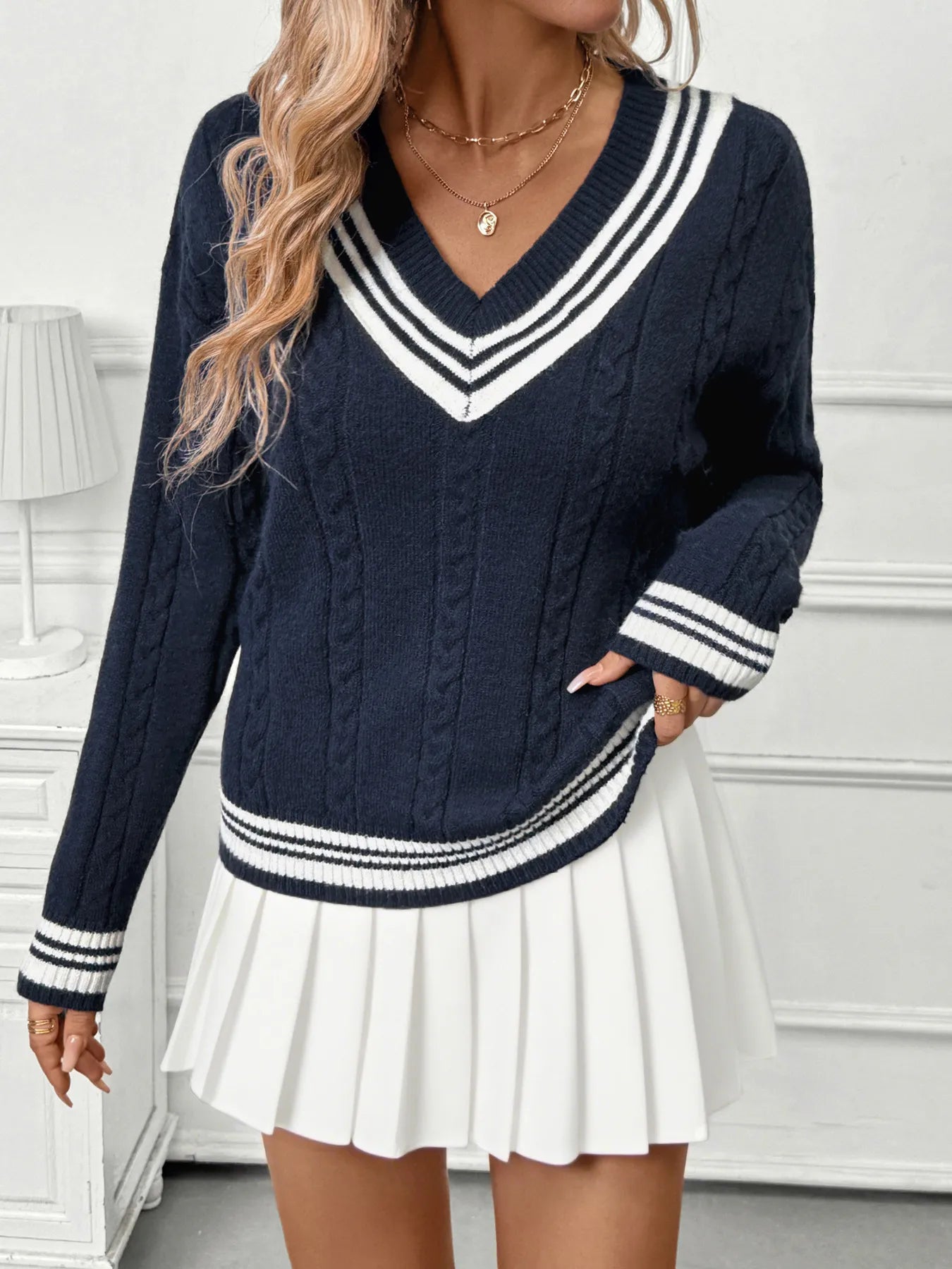 Contrast Striped V-Neck Sweater OutfitFlow