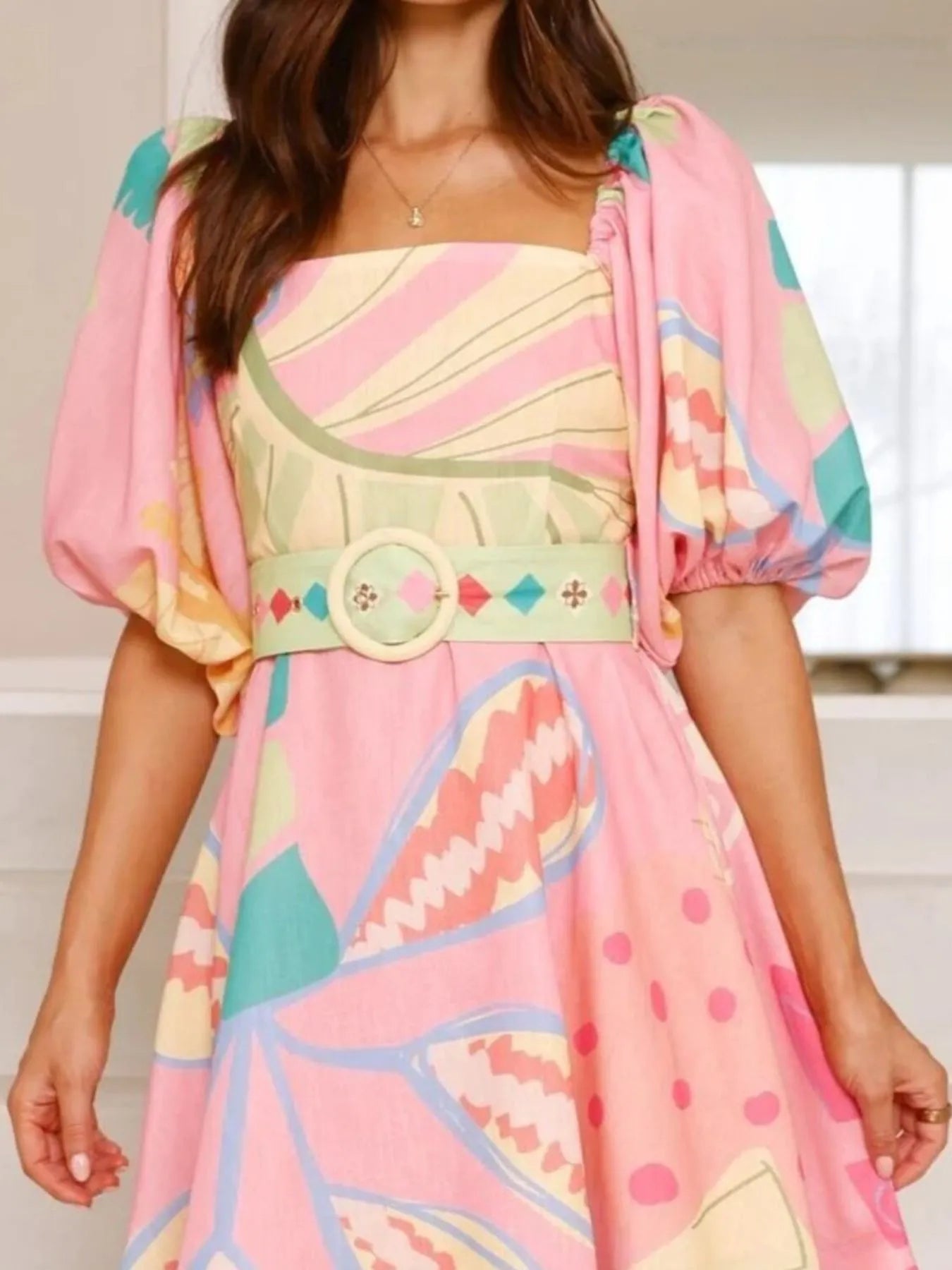 Printed Square Neck Puff Sleeve Dress OutfitFlow
