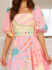 Printed Square Neck Puff Sleeve Dress OutfitFlow