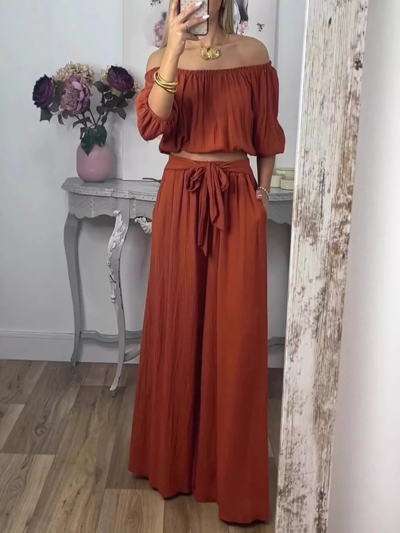 Full Size Off-Shoulder Top and Pants Set Plus Size Brown OutfitFlow