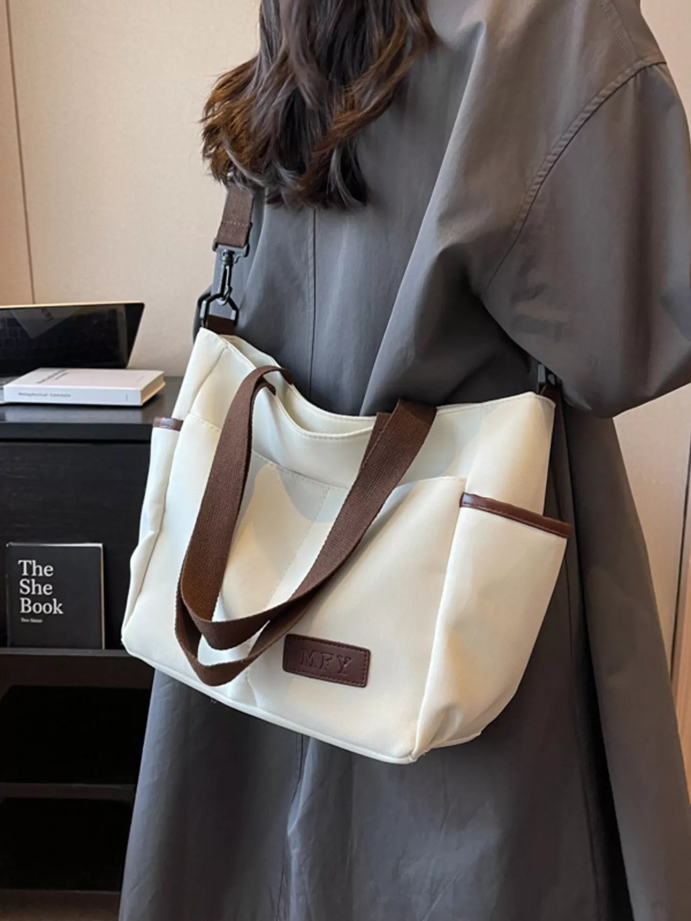 Canvas Shoulder Bag with Adjustable Strap Beige White onesize OutfitFlow