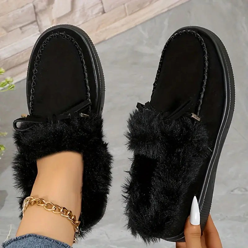 Outfit Flow - Bow Furry Round Toe Flat Slip-Ons