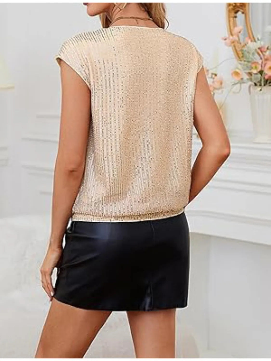 V-Neck Sequin Cap Sleeve Top OutfitFlow