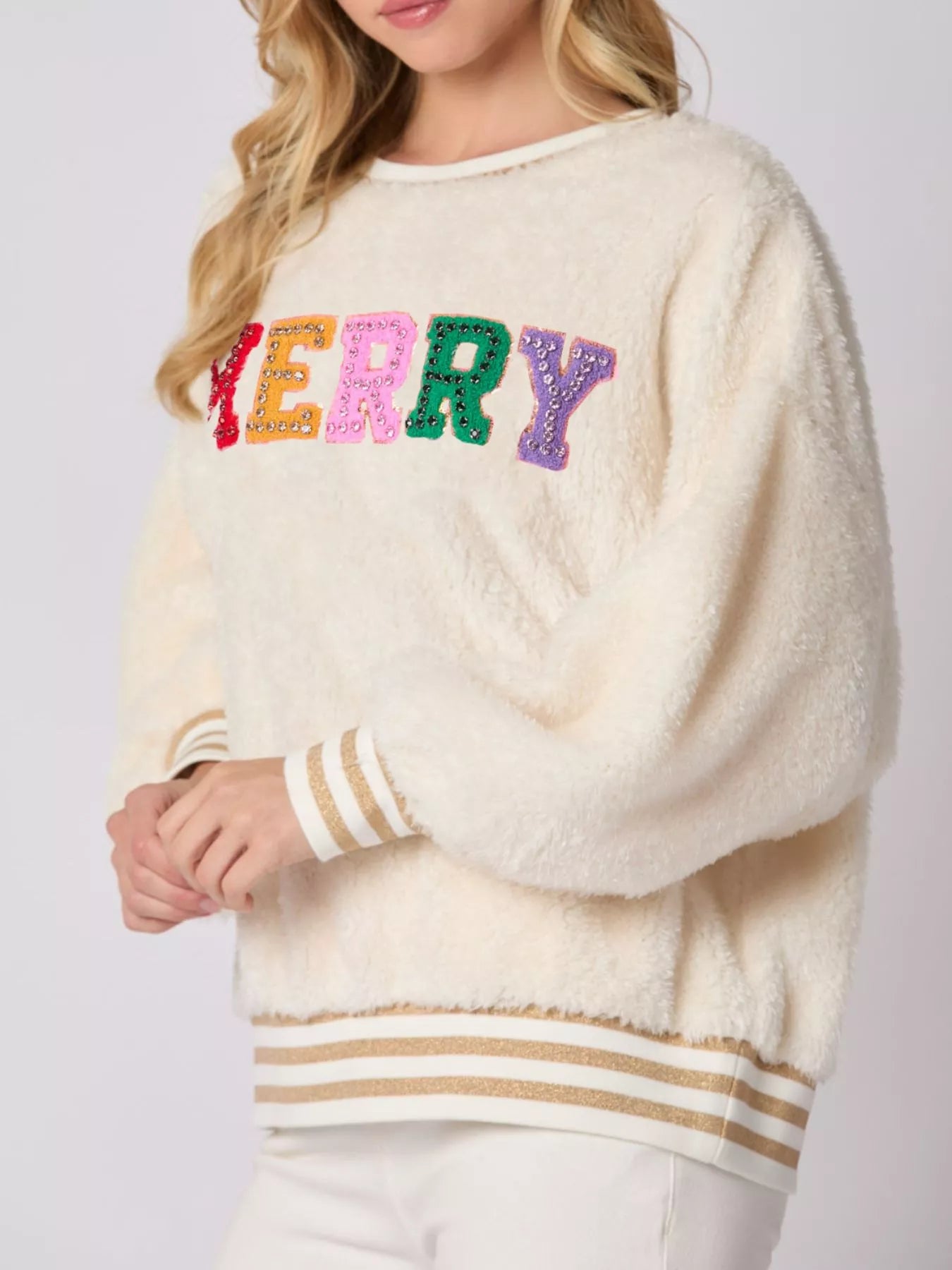 Rhinestone Merry Christmas Round Neck Sweatshirt OutfitFlow