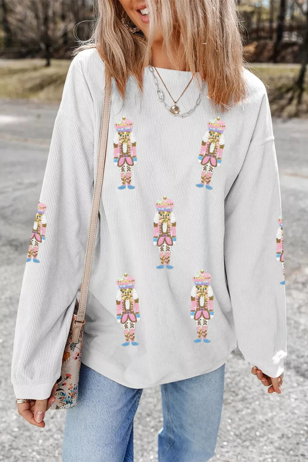 Full Size Corded Rib Sequin Patched Nutcracker Graphic Drop Shoulder Sweatshirt Plus Size OutfitFlow