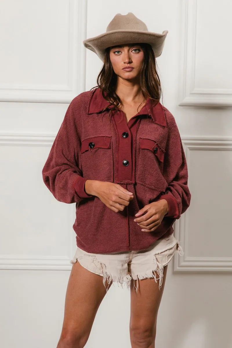 BiBi Cp French Terry Cut Edge Detail Collared Top OutfitFlow