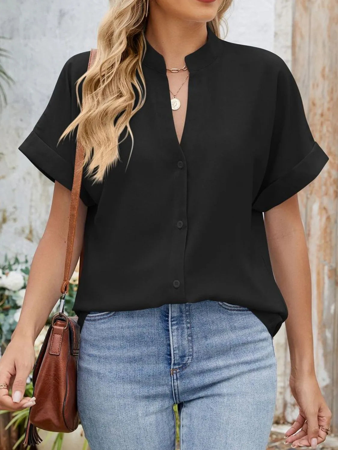 Notched Short Sleeve Blouse Black OutfitFlow