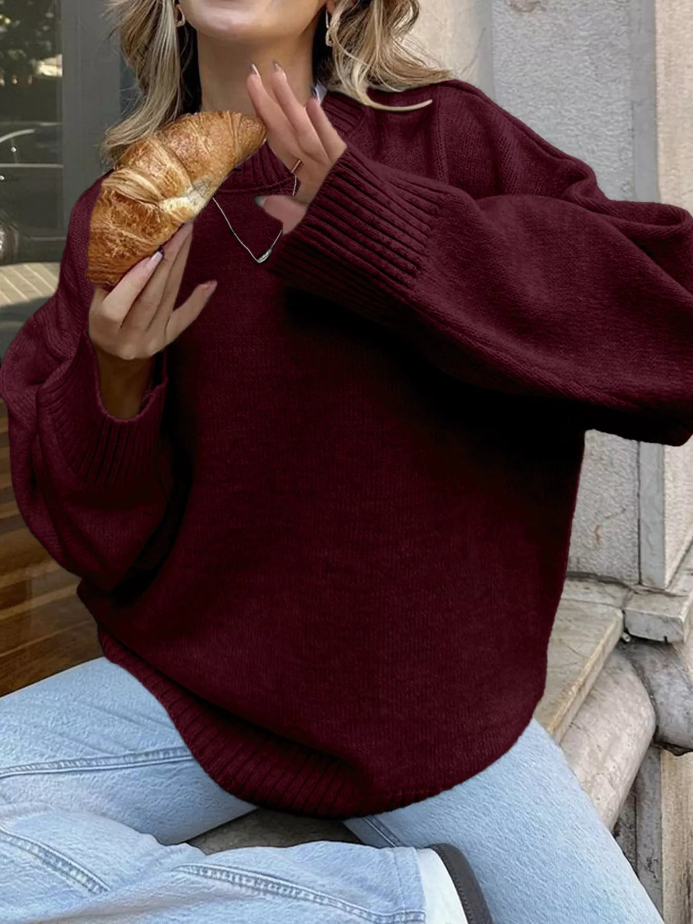Ribbed Round Neck Dropped Shoulder Sweater Burgundy OutfitFlow