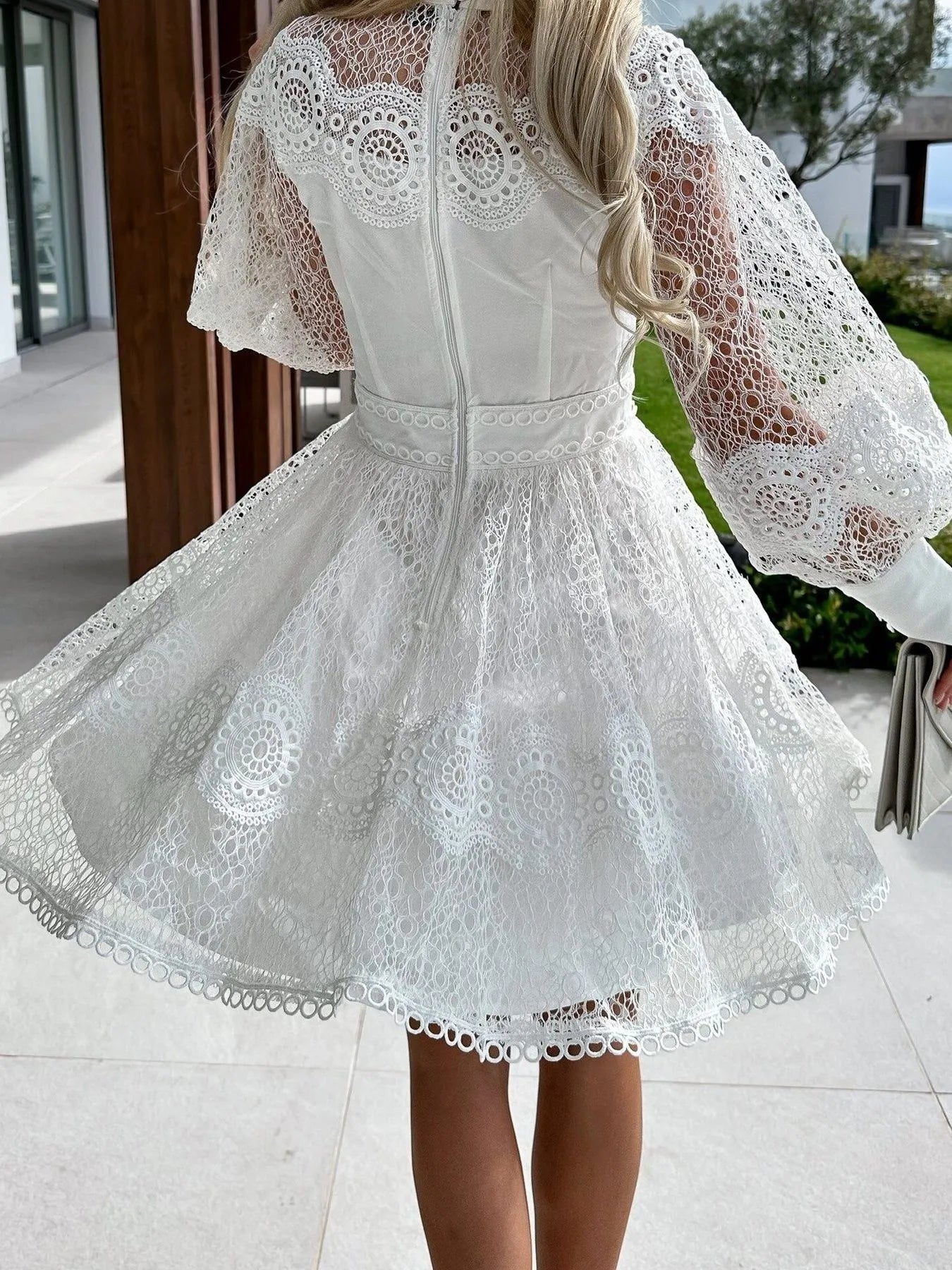 Lace Lantern Sleeve Mini Dress OutfitFlow