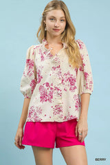 Umgee Floral Embroidered Blouse with Ruffle Trim BERRY OutfitFlow