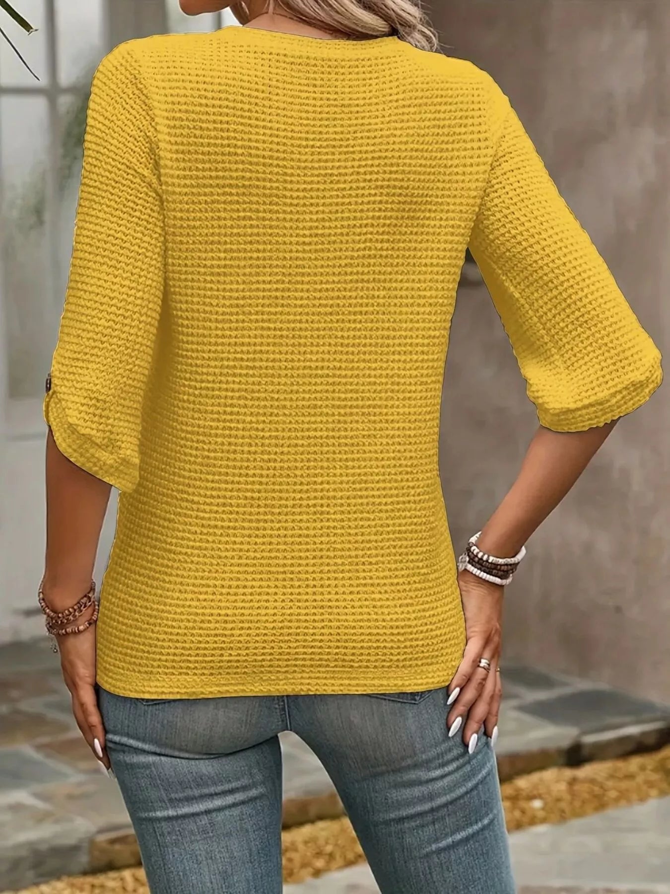 Waffle-Knit Round Neck Knit Top OutfitFlow
