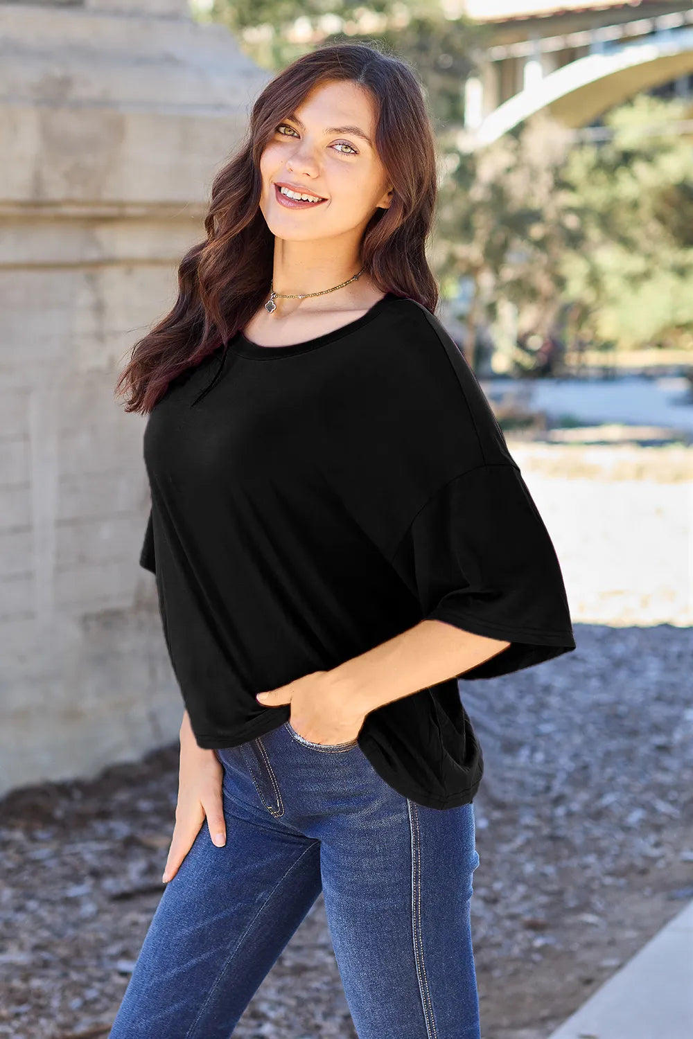Basic Bae Bamboo Full Size Round Neck Drop Shoulder T-Shirt OutfitFlow