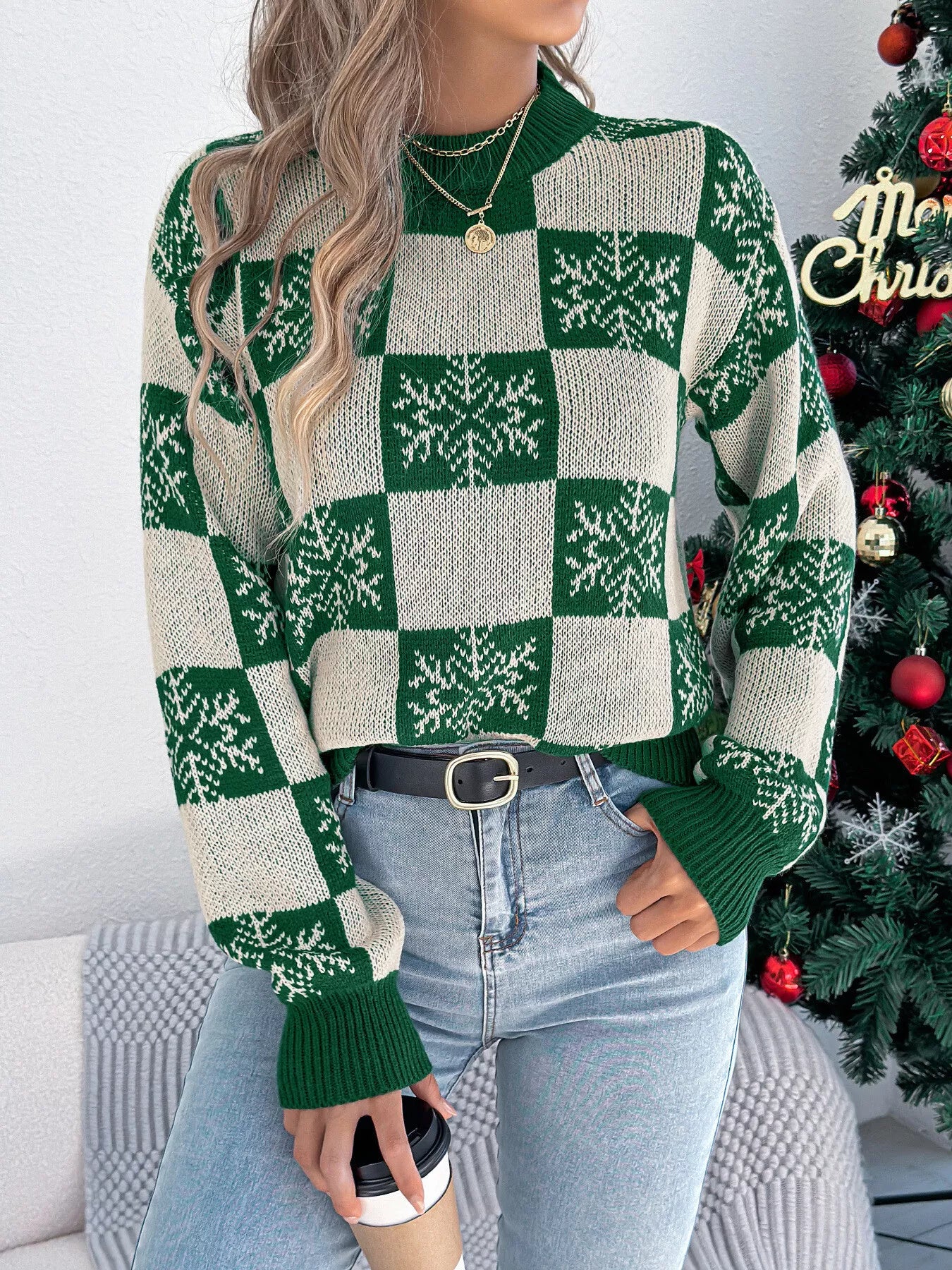 Christmas Snowflake Checkered Round Neck Sweater OutfitFlow