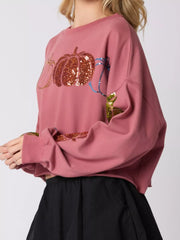 Sequined Pumpkin Halloween Crop Sweatshirt OutfitFlow
