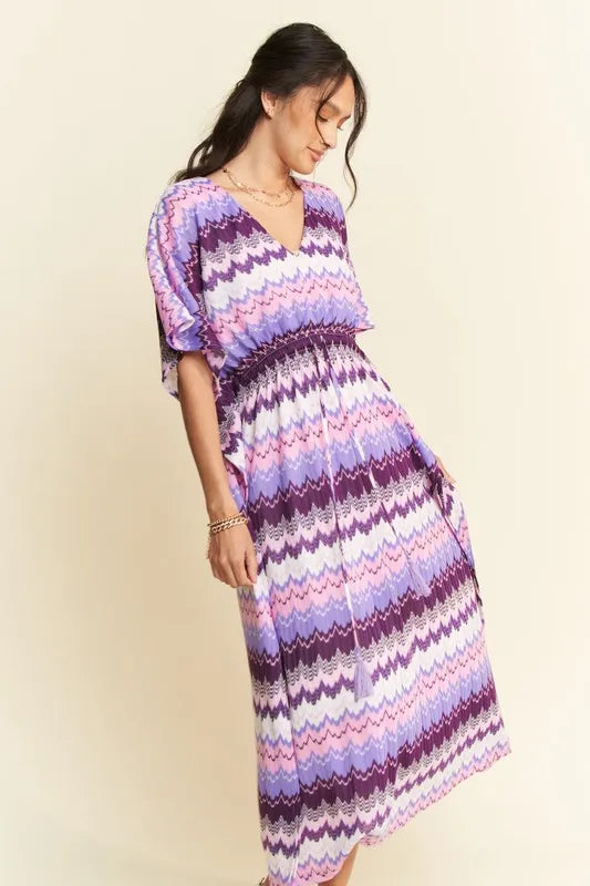 Davi & Dani Multi Color Wavy Tie Waist Flowy Sleeve Dress OutfitFlow