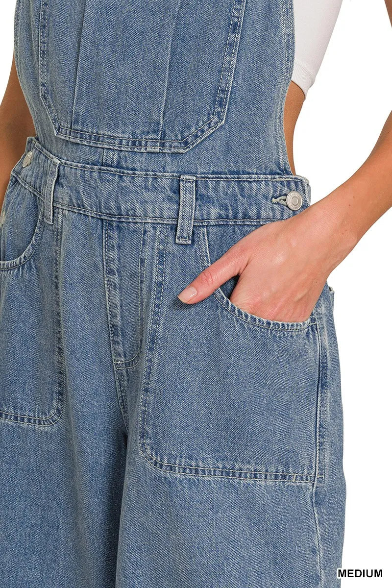 Zenana Denim Medium Washed Wide Leg Overalls Trendsi