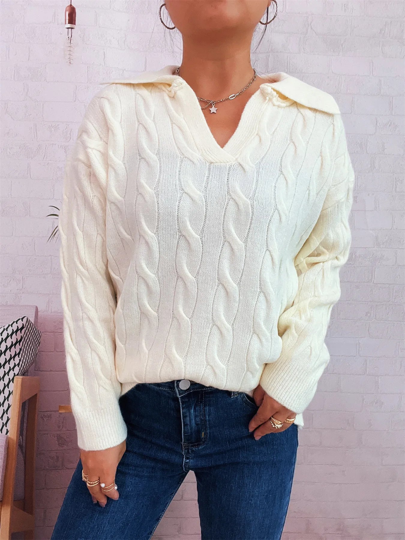 Cable Knit Johnny Collar Sweater Trendsi
