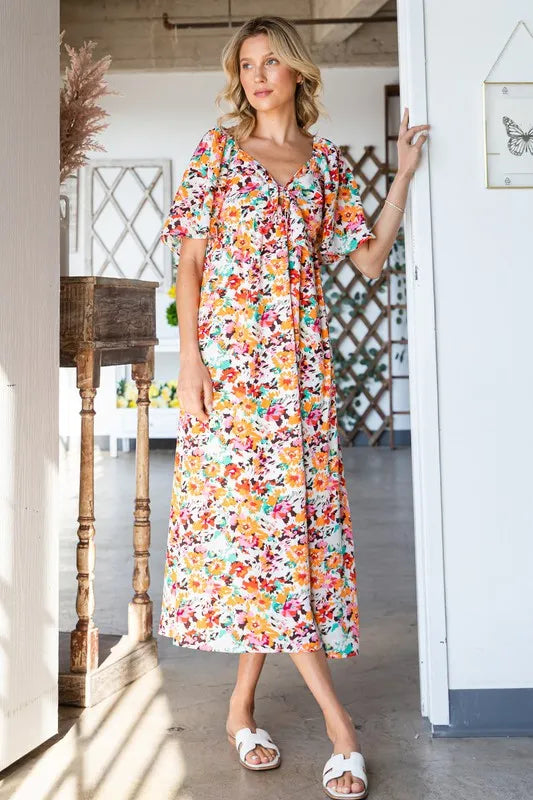 Lime 'N' Chili Floral Print Sweetheart Neck Tie Front Midi Dress ORANGE COMBO OutfitFlow