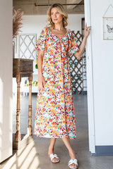 Lime 'N' Chili Floral Print Sweetheart Neck Tie Front Midi Dress ORANGE COMBO OutfitFlow