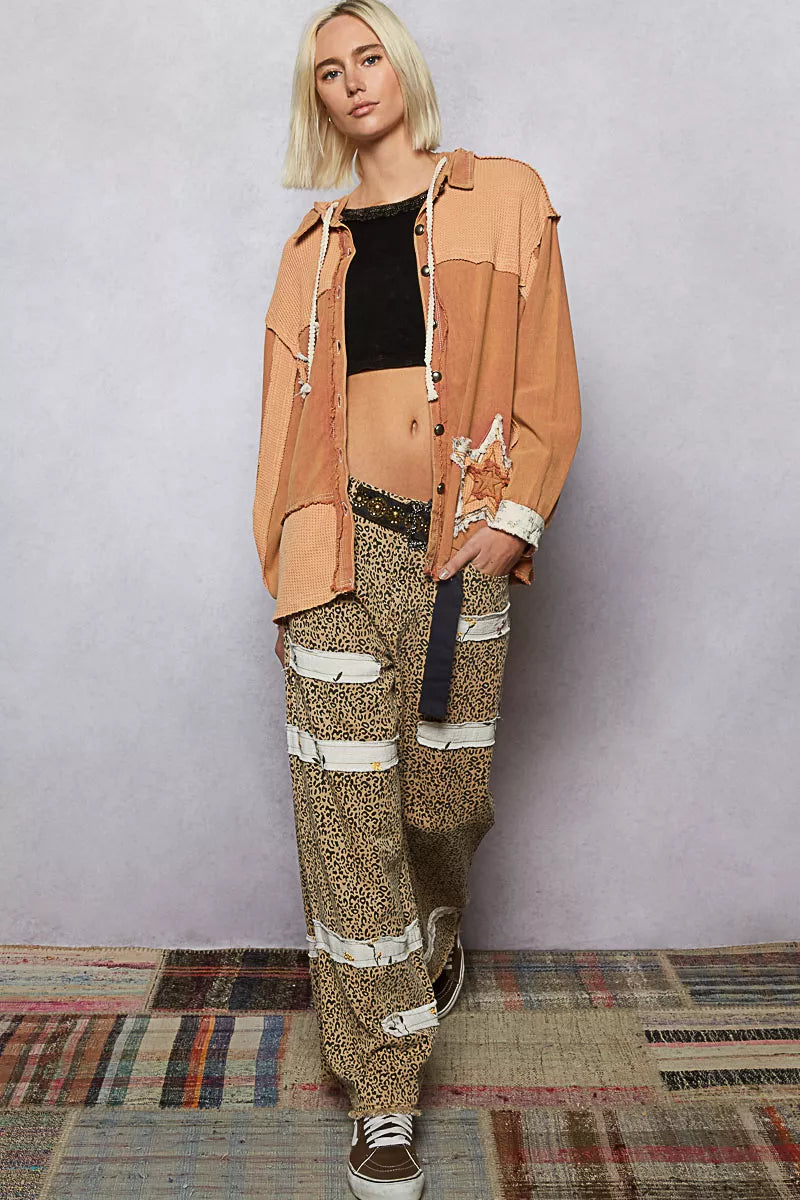 POL Button Down Hooded Jacket with with Star Patch Pattern OutfitFlow