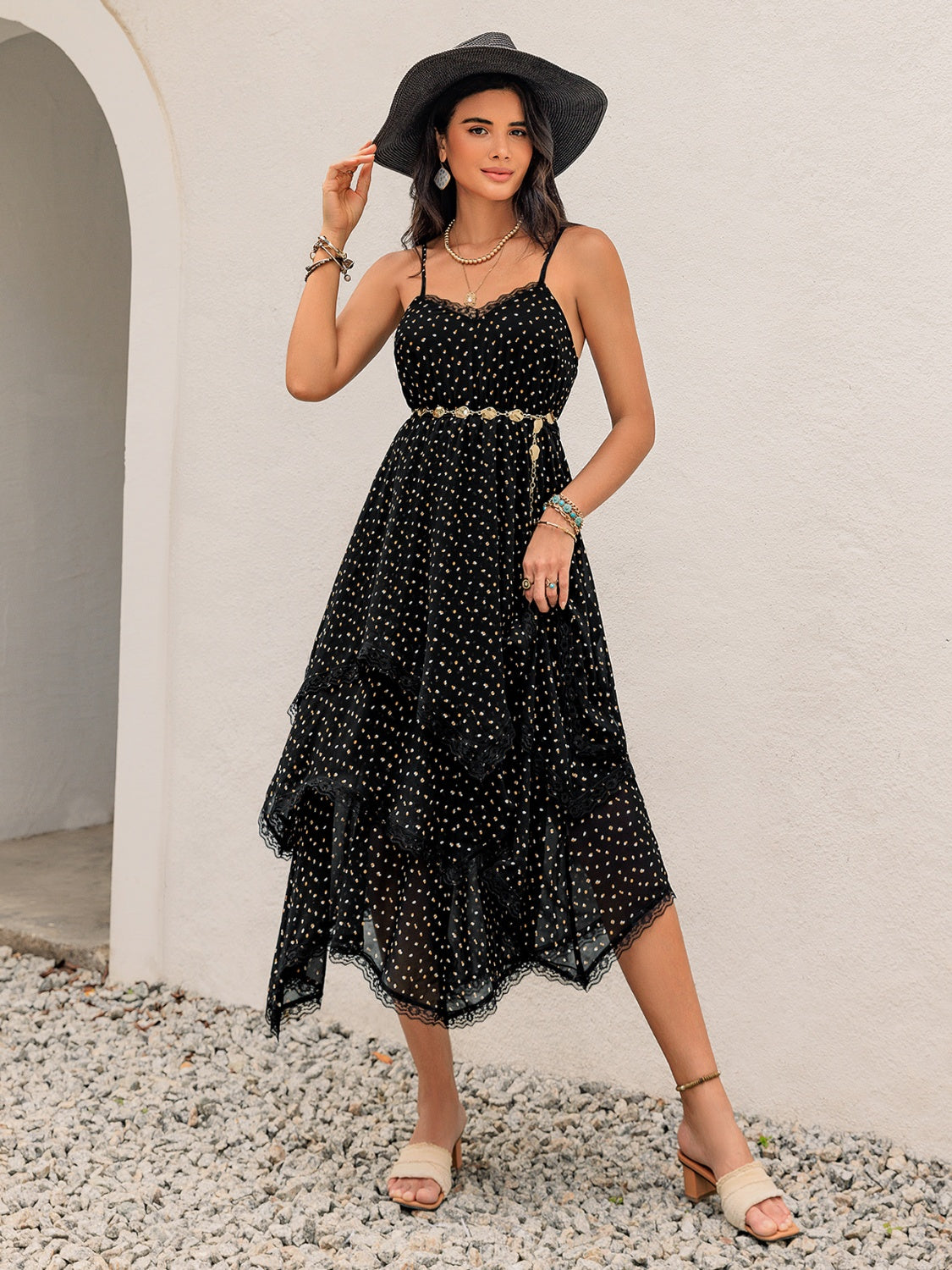 Lace Detail Layered Printed Midi Cami Dress OutfitFlow